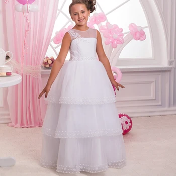 Lovely Sheer Crew Neckline Pearls Beaded Girl Pageant Dress Sleeveless Opening Back Tiered Kid First Communion Dress 0-12 Old