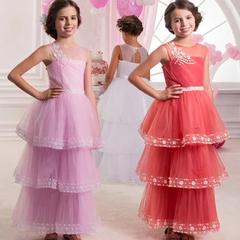 Lovely Sheer Crew Neckline Pearls Beaded Girl Pageant Dress Sleeveless Opening Back Tiered Kid First Communion Dress 0-12 Old
