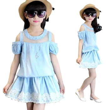 Kids Girls Clothing Sets Off Shoulder T-Shirts & Skirts 2Pcs Summer Girls Outfits 4 7 9 11 12 13 14 Years Teenage Denim Clothes