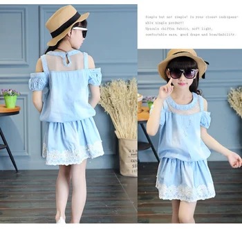Kids Girls Clothing Sets Off Shoulder T-Shirts & Skirts 2Pcs Summer Girls Outfits 4 7 9 11 12 13 14 Years Teenage Denim Clothes