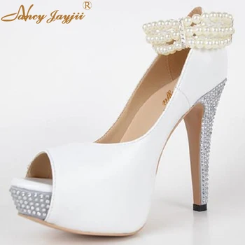 BC shoes Hot Selling White Pearl Ankle Strap High Heel Shoes big us size 5-10.5