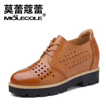 2017 New Womens Casual Leather Shoes Black Brown Lace Up Geometric Breathable Woman Round Toe Pumps Wedge Heels MOOLECOLE 70216