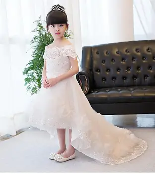 Lovely Shoulderless Beaded Girls Pageant Gowns with Train Dress Cap Sleeves Zipper Back Kids First Communion Dress 0-12 Year Old