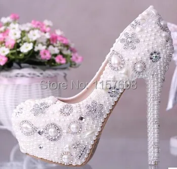 2016 Honorable pearl rhinestone wedding shoes crystal bridal shoes platform shoes ultra high heels white women's shoes 14cm
