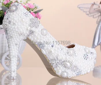 2016 Honorable pearl rhinestone wedding shoes crystal bridal shoes platform shoes ultra high heels white women's shoes 14cm