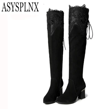 ASYSPLNX nubuck Genuine leather Black square heel women fashion thigh high boots,Winter round toe Sexy elastic ladies shoes