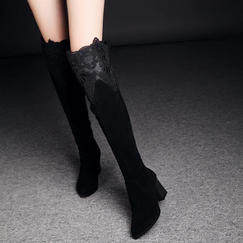 ASYSPLNX nubuck Genuine leather Black square heel women fashion thigh high boots,Winter round toe Sexy elastic ladies shoes