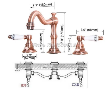 Dual Handles Antique Red Copper Widespread Basin Faucet / Bathroom Vessel Sink Mixer Tap Three Hole Deck Mounted Wnf175