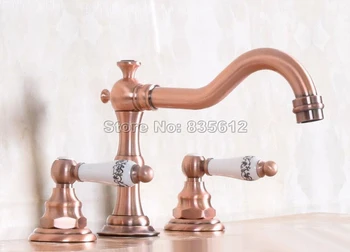 Dual Handles Antique Red Copper Widespread Basin Faucet / Bathroom Vessel Sink Mixer Tap Three Hole Deck Mounted Wnf175