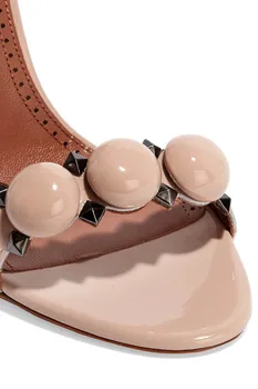 Hot selling nude patent leather sandal for woman sexy open toe ankle strap sandal rivets studded summer sandal