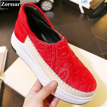 Zorssar} 2017 Fashion Genuine leather Horsehair Womens Flats Creepers shoes Female Casual shoes Slip On women Platform loafers