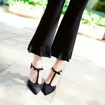 Black T-Strap Butterfly-knot Sweet Pointed Toe High Heel Women Pump Fashion Sexy Casual Dress Vacation Walkway Women Girls Shoes