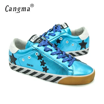 CANGMA Luxury Shoes Women Durable 2017 Genuine Leather Popular Superstar Woman Casual Blue Handmade Shoes Sapatilha Das Mulheres