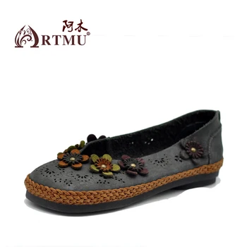 Artmu 2017 NEW Women Shoes Hollow Appliques Flowers Flat Shoes Cow Leather Handmade Genuine Leather Shoes Soft Soles Loafer Shoe