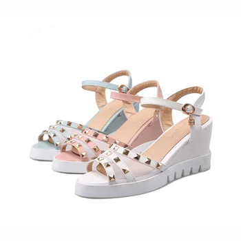 Fashion Casual Sexy Peep Toe Metal Decoration Rivet High Heels Buckle Strap Wedges Air mesh Thick bottom Ladies sandals