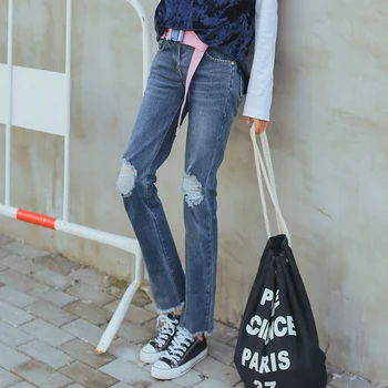 Kesebi 2017 Summer New Hot Fashion Women Casual Stretch Slim Hole Worn Jeans Female Korean Straight Jeans Bottoms BMA130B#1872