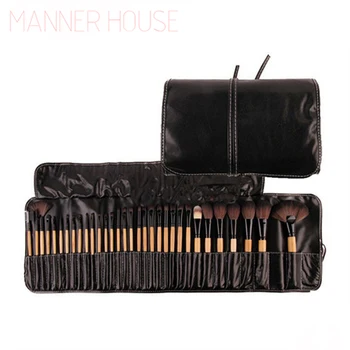 MANNER HOUSE Professional Makeup Tools 32 Pcs Makeup Brushes Wooden Color with Leather Bag Cosmetics Make Up Kits