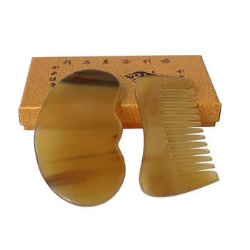 2pcs/set New type yellow ox horn thicken high polishing beauty guasha tool 1pcs comb and 1pcs reniform plate