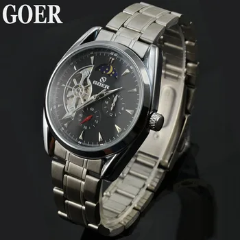 Goer Watch Men Full Steel Automatic Mechanical Watches Men Moon Phase Tourbillon Watch Men's Mechanical Watch Relogio Masculino