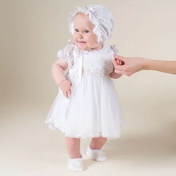 Vintage Little Girl Dress Lace Appliques Short Sleeves Scoop Mid-calf Satin Silk Baby Christening Baptism Gowns with Bonnet