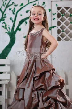 Beautiful cute v-neck beading long chocolate color ball gown little girl wedding pageant dress/kids girls chocolate beading gown