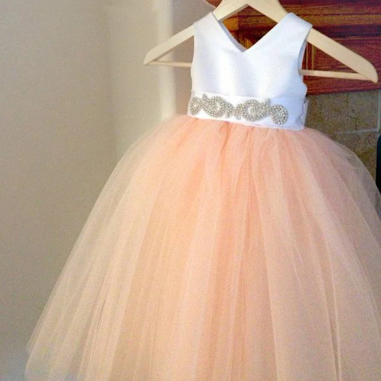 Charming Party Princess Dress Sleeveless V-neck Silk Tulle Organza Blush Pink Flower Girl Tutu Gowns For Wedding With Crystal