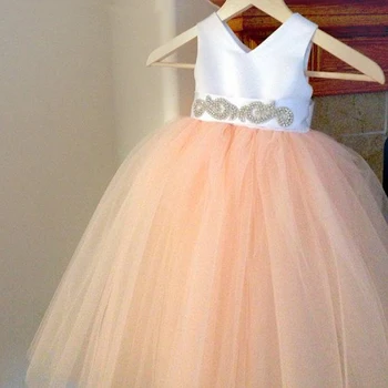 Charming Party Princess Dress Sleeveless V-neck Silk Tulle Organza Blush Pink Flower Girl Tutu Gowns For Wedding With Crystal