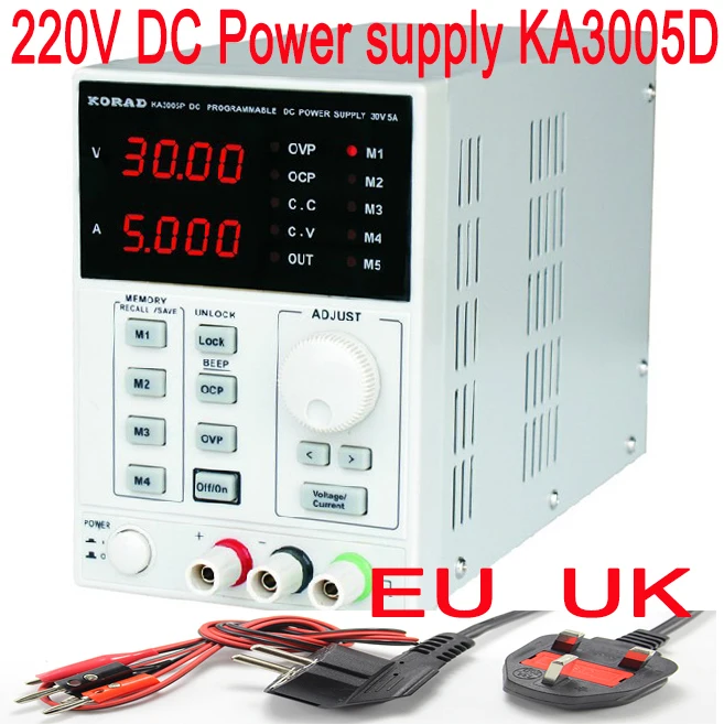KA3005D 220V UK EU high precision Adjustable Digital DC Power Supply + 2pcsBanana clip test line mA 30V / 5A scientific research