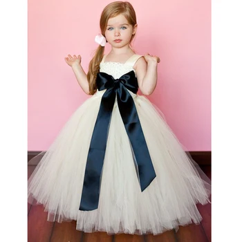 Flower Girl Pageant Vestidos Square Neckline Sleeveless Girl Prom Dress Bow Sash Tutu Tulle Ball Gowns With Turquoise Sash