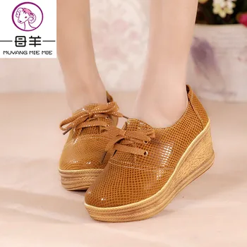 MUYANG MIE MIE 2016 spring and autumn women shoes woman genuine leather wedges shoes platform casual shoes female single shoes