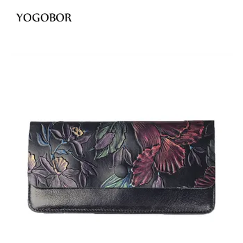 YOGOBOR 2017 Genuine Leather Women Wallet Long Purse Vintage Embossed Hand-Painted Cards Holder Clutch Fashion Standard Wallet