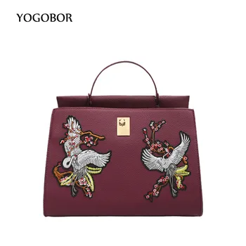 Fashion grus japonensis embroidered retro ladies casual tote handbag women's crossbody shoulder bag messenger bags