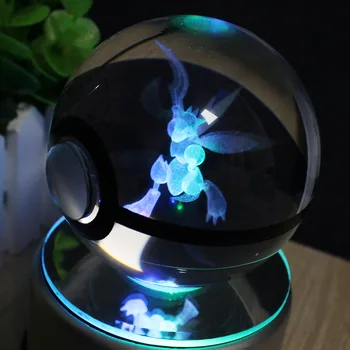 Alakazam 3D Crystal Ball Pokemon Go Light Glass Ball Engraving Round With Black Line Ball LED Colorful Base Child's Gift