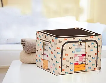 Durable Oxford Fabric Foldable Steel Shelf Lidded Storage Box Natural Canvas Organizer Container with Steel Frame 66L