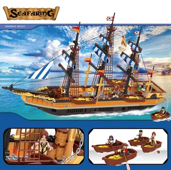 AUSINI New 857PCS Big Pirate ship Building Blocks Sets Large fishing vessels children's educational bricks toys brinquedos DIY