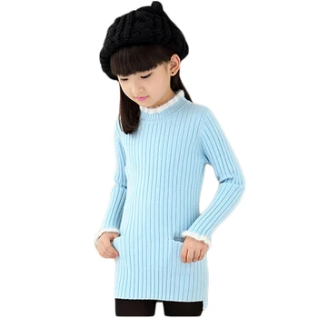 Autumn Winter Baby Girls Knitted Long Sweaters Long-Sleeved O-Neck Solid Color Kids Slim Pullovers with Pockets