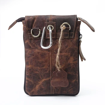 Vintage Genuine Crazy Horse Leather Cowhide Men Small Messenger Shoulder Cross Body Bag Hook Waist Bag Pack Bags