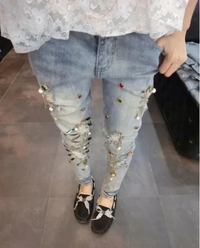 AQ202 New diamond beading Slim jeans feet pencil pants women embroidered flares big holes stretch jeans