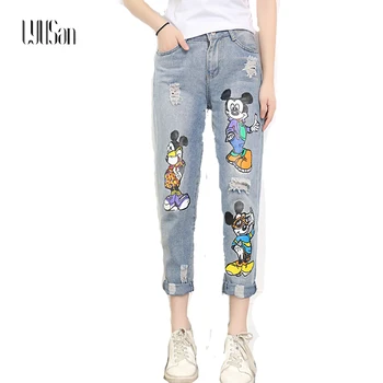 LYUSAN 2017 Real Shot Korean Women's Orn Jeans New Mickey Relaxed Loose Large Size Printing Jeans Nine Pants