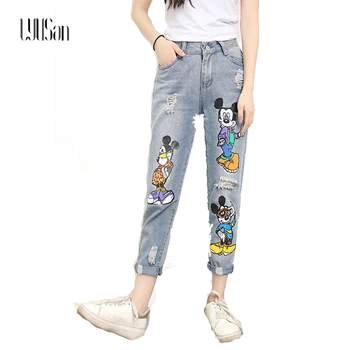 LYUSAN 2017 Real Shot Korean Women's Orn Jeans New Mickey Relaxed Loose Large Size Printing Jeans Nine Pants