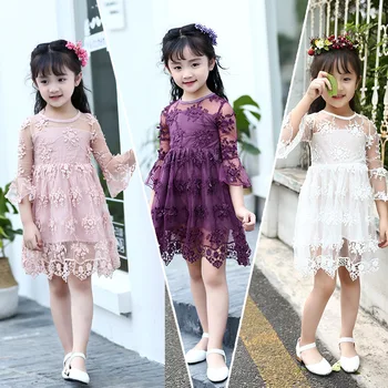 New 2017 summer girls dresses children fresh Flare sleeve lace dress girl party dress 3 colors baby kids clothes 4-13 years
