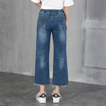 WomensDate Fashion Women Elastic Waist Jeans Pants Denim 2017 Girl Straight Wide Leg Tassel Jeans Loose Mid Waist Casual Pants