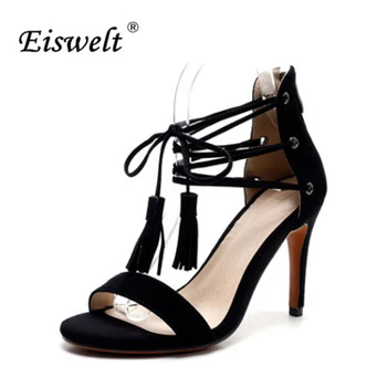 EISWELT 2017 Fashion Sexy Women Velvet Fabric Fine Flock Straps Rome Tassel Wild Super High Heel Sandals Shoes Size35-39#LQ77