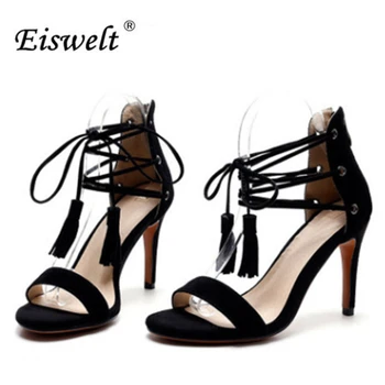 EISWELT 2017 Fashion Sexy Women Velvet Fabric Fine Flock Straps Rome Tassel Wild Super High Heel Sandals Shoes Size35-39#LQ77