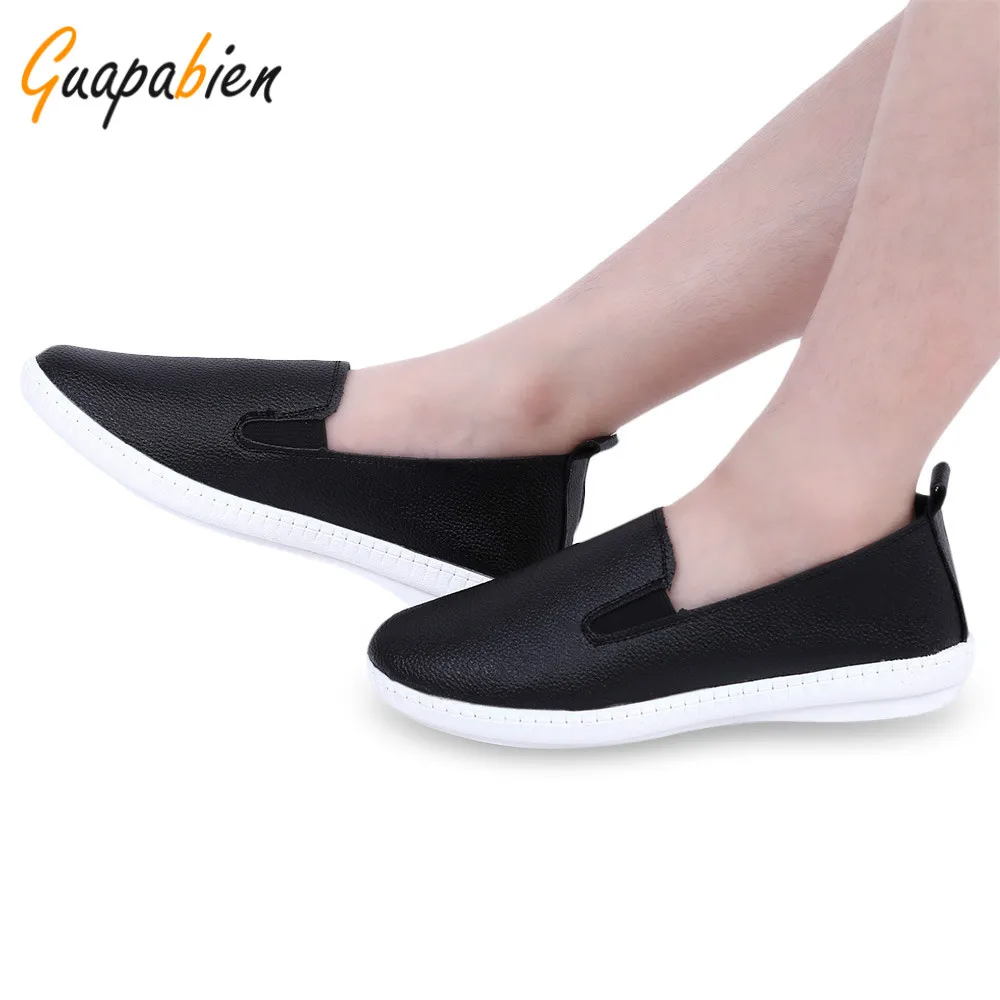 Guapabien Slip On Skid Resistance Leather Breathable Stylish Handwork Spring autumn Ladies Solid Color Round Toe Shoes Flats