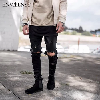 Envmenst Brand 2017 West Men Jeans Washed Ripped Casual Jeans Street Style Side Zipper Fashion Man Brand Jeans