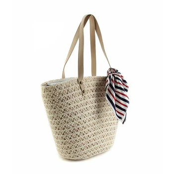 BAGSMALL Brand Summer Holiday Knitted Straw Bag With Scarve Women Woven Beach Bag For Travel Girl Shoulder Handbag Tote Bag