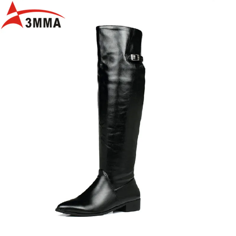 3MMA 2016 Handmade Large Size Women Over The Knee Boots Ladies Black Patent Leather Pointed Toe Buckle Thigh High Long Boots