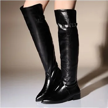 3MMA 2016 Handmade Large Size Women Over The Knee Boots Ladies Black Patent Leather Pointed Toe Buckle Thigh High Long Boots