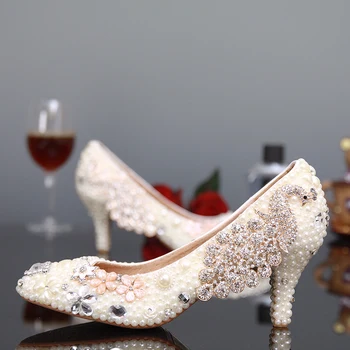 Round Toe Stiletto Heel Formal Shoes White Pearl Kitten Heels Bridal Wedding Dress Shoes Rhinestone Lady Shoe Woman Party Pumps
